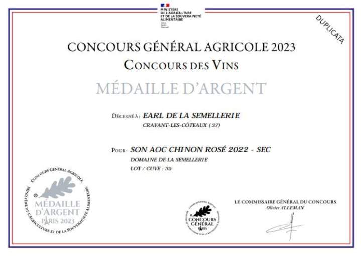 certificat officiel du Concours Général Agricole 2023