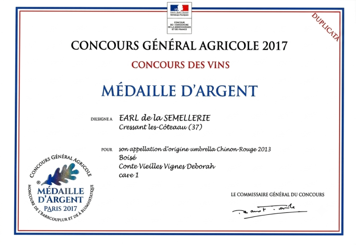 certificat atteste qu'un vin a reçu une médaille d'argent