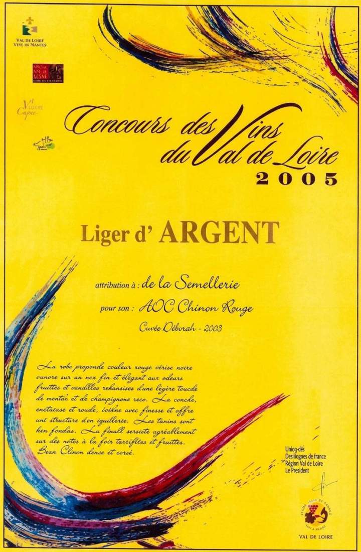 Diplôme décernant un Liger d’Argent au Concours des Vins du Val de Loire en 2005