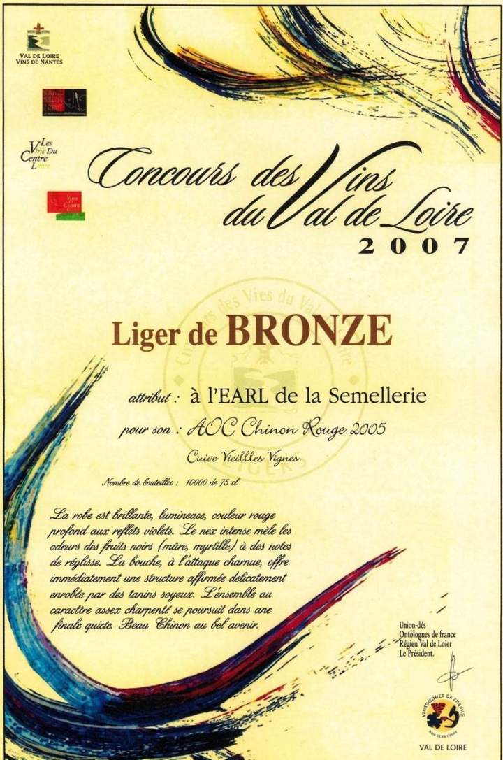 Diplôme décernant un Liger de Bronze au Domaine de la Semellerie