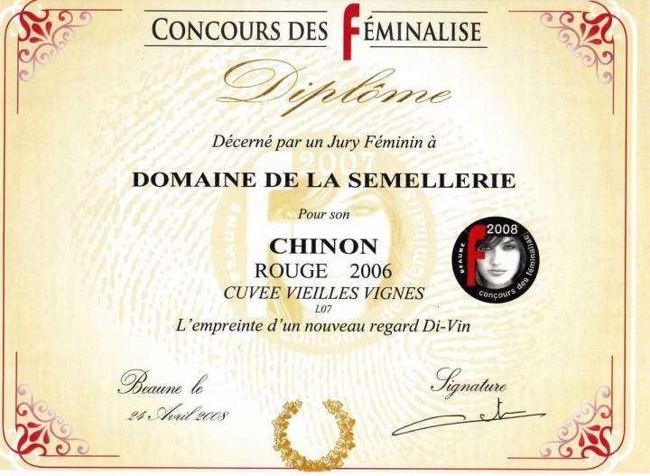 Diplôme certifiant le vin Chinon Rouge 2006 du Domaine de la Semellerie